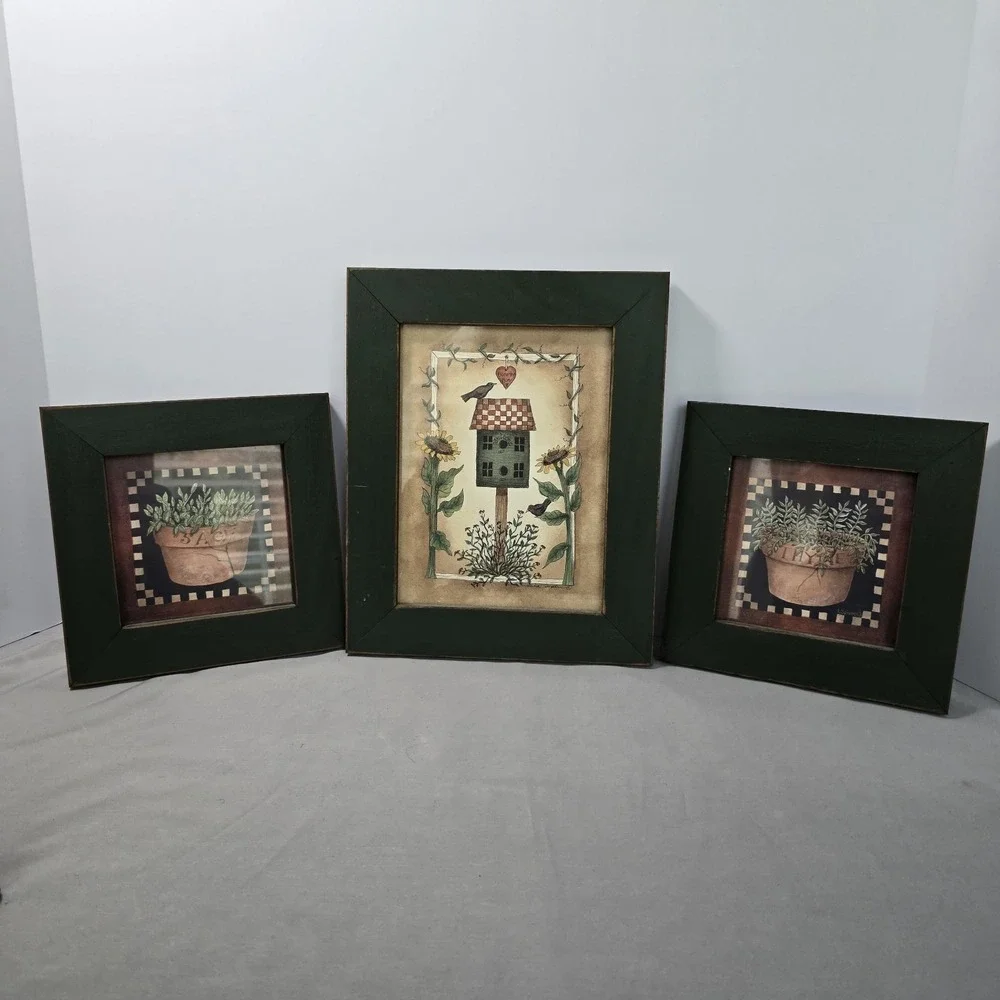 Country Cottage Decor 3-Piece Picture Set Green Frame Birdhouse Tyme Sage